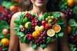 © Robbie Smith 1  - A healthy assortment of fruits and vegetables surrounding a woman forming a heart shape on her stomach, symbolizing nutrition and gut health