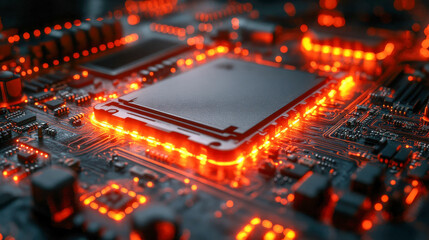 Poster - Close-up view of a glowing computer motherboard with vibrant orange circuitry lights, showcasing intricate electronic components and a futuristic tech vibe