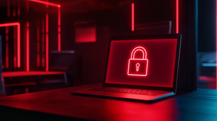 Poster - Laptop showing security padlock icon on screen in dark room with red lighting