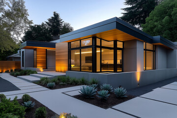 Poster - Modern house exterior with illuminated garden and pathway at dusk