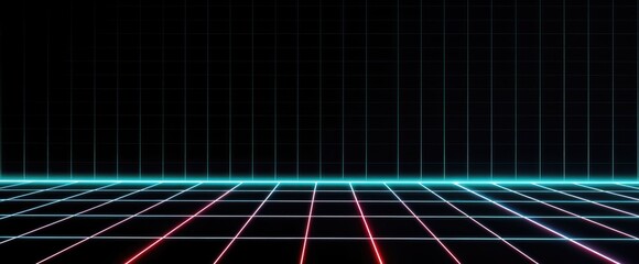 Poster - Retro grid background with glowing neon lines futuristic 80s themed designs