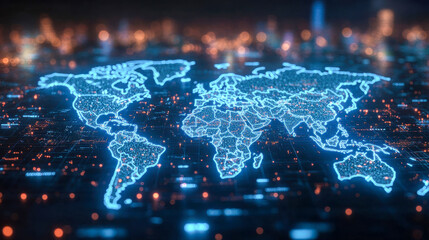 Poster - A glowing digital map of the world with highlighted business connections and networks