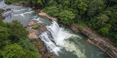 Wall Mural - Aerial View Khaokram Waterfall, Phatthalung, Thailand: Cascading Water, Lush Green Landscape