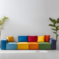 Poster - Modern Multicolored Couch with Vibrant Cushions in a Bright Living Room Featuring Tropical Plant and Fresh Ambiance for Stylish Interior Design