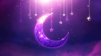 Wall Mural - glittering purple moon and stars in a dreamy night sky scene