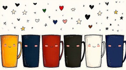 Wall Mural - Six cute mugs with happy faces and hearts and stars above.