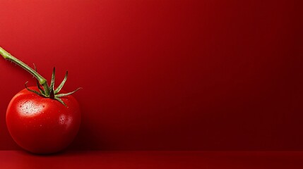 Wall Mural - Single red tomato with stem on red background.