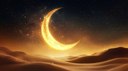 Wall Mural - golden crescent moon over serene desert landscape at night sky
