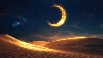 Wall Mural - enchanted desert scene with crescent moon and twinkling sand particles