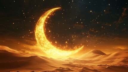 Wall Mural - stunning crescent moon illuminates desert landscape at dusk
