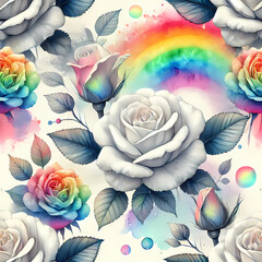 Vibrant floral design with roses and rainbow artistic background digital illustration colorful palette whimsical concept