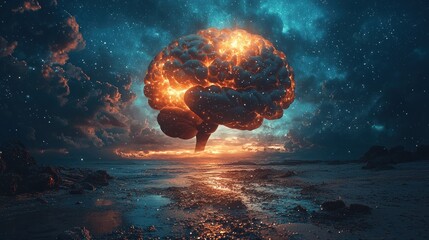 Wall Mural - Glowing brain in night sky.