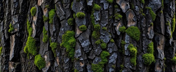 Aufkleber - Close up of tree bark textured with vibrant green moss Nature