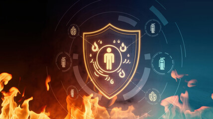 Poster - A stunning glowing holographic shield surrounded by dynamic digital icons representing people flames and water droplets