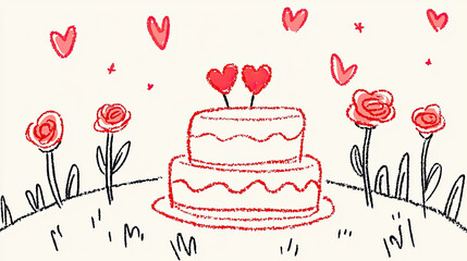 Wall Mural - romantic cake surrounded by flowers and hearts, perfect for celebrations