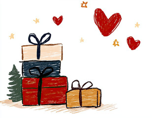 Wall Mural - Colorful gift boxes with hearts and tree create festive atmosphere