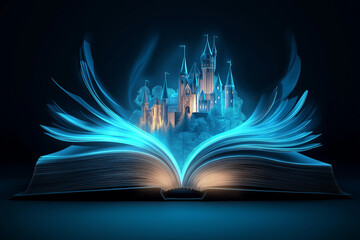 Open book creating a magical castle with blue glowing lights in a dark background