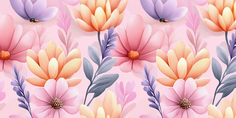 Poster - Colorful floral seamless pattern with butterflies on pink background