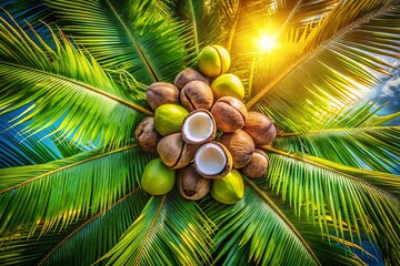 Wall Mural - Aerial View of Fresh Coconuts with Lush Green Leaves