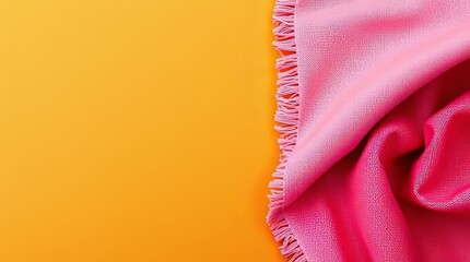 Poster - Vibrant Pink Cotton Fabric on a Bold Orange Background with Fringe Detail, Textured Surface and Balanced Composition