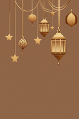 Poster - Golden ramadan lanterns and stars hanging on brown background