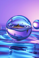 Poster - Transparent bubbles floating on water surface with island inside: surreal concept