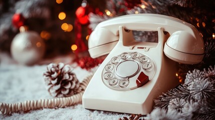 Poster - Close-up of vintage white rotary phone against a cozy Christmas background