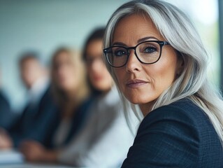 Wall Mural - Professional Woman with Blonde Hair in Business Suit, Glances Over Shoulder