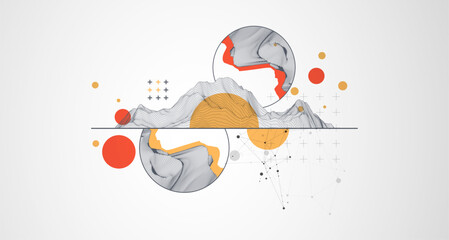 Aufkleber - Trendy abstract wireframe background. Modern science or technology art elements. Surface illustration inside circles. Vector