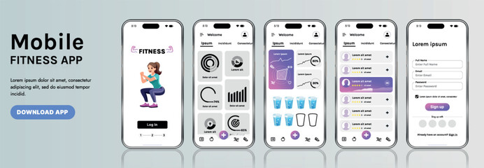 Poster - a sleek fitness app interface template featuring responsive design elements, including dashboards, c