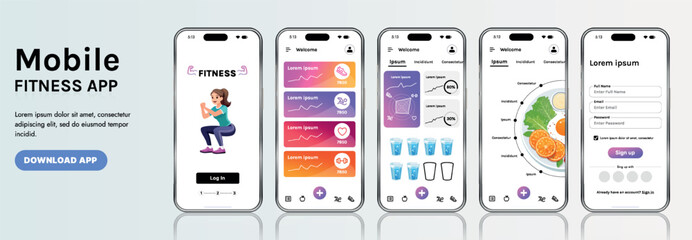 Poster - a sleek fitness app interface template featuring responsive design elements, including dashboards, c