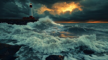 Aufkleber - Dramatic Seascape with Powerful Waves and Lighthouse Under Stormy Sky at Sunset, Capturing Nature's Fury and Beauty in One Stunning Image