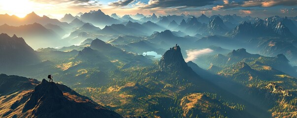 Wall Mural - Adventurer Overlooking Vast Mountain Range at Sunrise - Exploration and Tranquility Scene