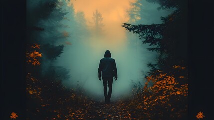 Poster - Mysterious Figure Walking Through a Foggy Forest Surrounded by Autumn Leaves and Soft Light, Evoking a Sense of Intrigue and Solitude in Nature