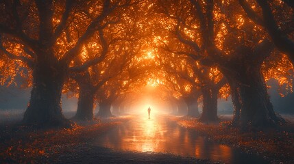 Poster - Enchanting pathway through ancient trees illuminated by vibrant autumn foliage, creating a magical atmosphere filled with warm hues and serene beauty.