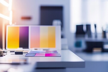 Aufkleber - clean and minimalist studio featuring vibrant typography samples on desk surrounded by blurred tools