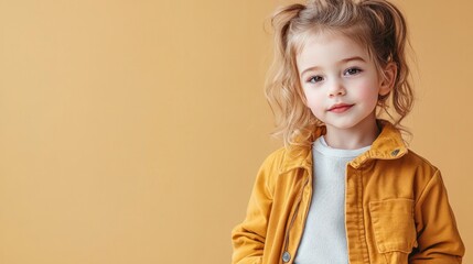 Poster - creative image of child posing with confidence in trendy minimalist outfit set against clean studio background with