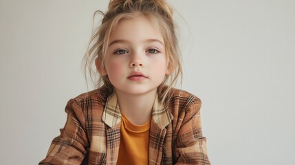 Poster - creative image of child posing with confidence in trendy minimalist outfit set against clean studio background with
