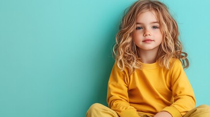 Poster - creative image of child posing with confidence in trendy minimalist outfit set against clean studio background with