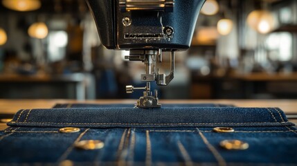 Sewing machine stitching denim fabric close-up.