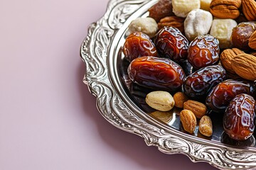 Poster - decorative silver tray filled with dates nuts and sweets placed on smooth pastel lavender surface