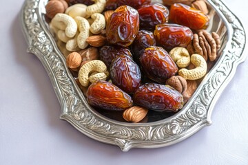Poster - decorative silver tray filled with dates nuts and sweets placed on smooth pastel lavender surface