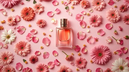 Aufkleber - flat lay of perfume bottle surrounded by scattered flower petals on pastel pink surface