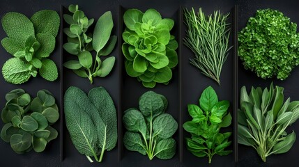 Wall Mural - A vibrant assortment of fresh green herbs and leafy greens displayed beautifully for culinary inspiration and healthy living