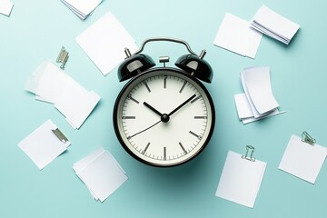 Poster - minimalist image of clock with scattered papers around symbolizing pressure of deadlines