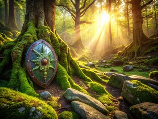 Wall Mural - Ancient Forest Shield: Weathered Stone Guardian Amidst Mossy Rocks and Majestic Trees