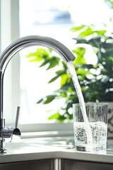 Poster - modern faucet pouring clean water into glass placed on kitchen counter under bright natural light