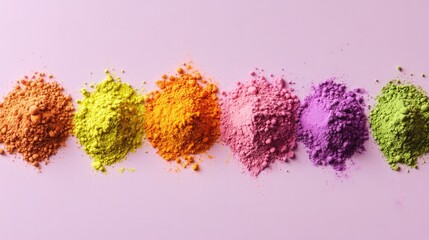 Poster - neat row of vibrant holi powders arranged in small mounds on pastel lavender background
