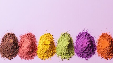 Poster - neat row of vibrant holi powders arranged in small mounds on pastel lavender background