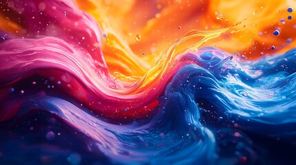 Poster - Vibrant Abstract Flow of Colorful Liquid Paint, Swirling and Mixing in Dynamic Motion with Bright Orange, Pink, and Blue Hues, Capturing Energy and Creativity in Artistic Design